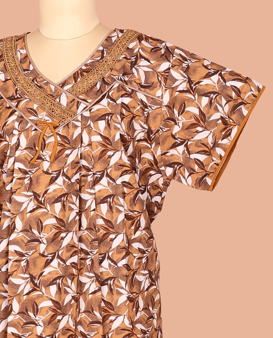 Brown Leaf Print Cotton-Blended Nighty