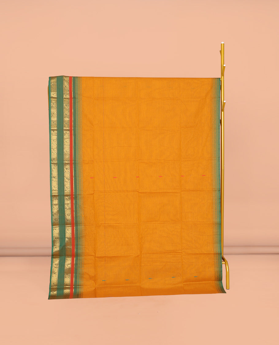 Yellow Chettinad Cotton Saree, Crafted with Thread Buttas All Over Its Body, Complemented by a Contrast Traditional Zari Design Rettai Pettu Border, Pallu of Stripes and Buttas, and Paired with a Matching Blouse