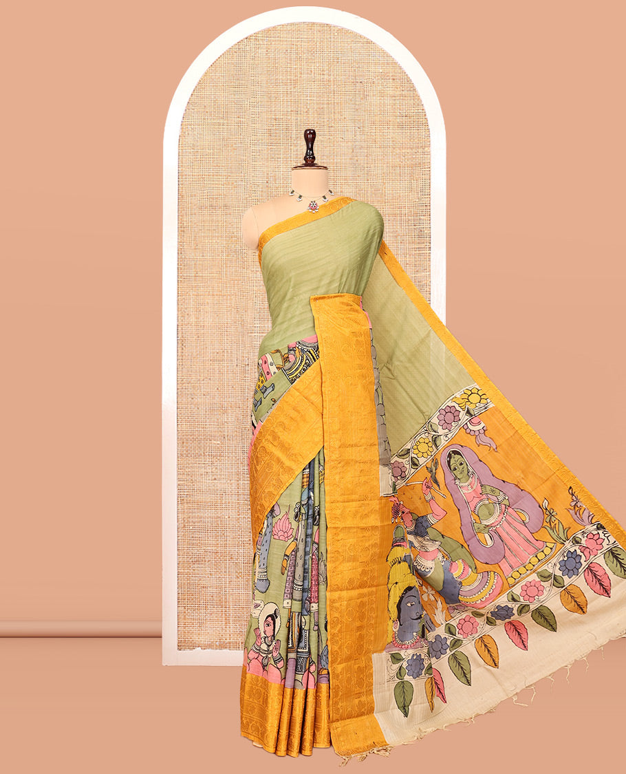 Green Kalamkari Printed Semi-Banarasi Tussar Saree, Enriched with Human Figurines, Contrast Traditional Border, Contrast Human Figurines Pallu, and a Contrast Blouse
