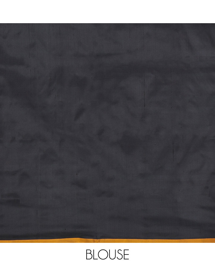 Black and White Pochampally Ikat Silk Saree, Spotlighted with Geometric Patterns on Its Body, Complemented by Contrast Border, Pallu of Diamond Patterns, and Paired with a Contrast Blouse
