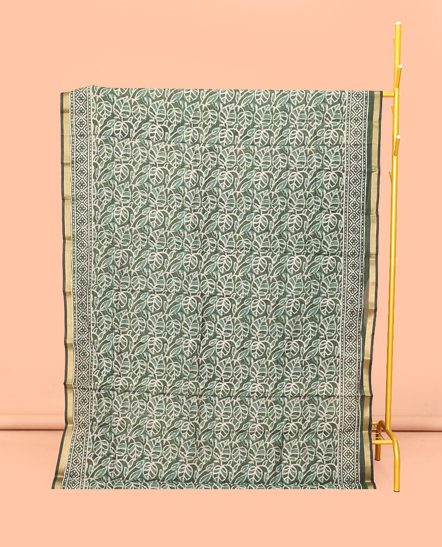 Green Mul Mul Cotton Saree, Embellished with Leaf Vine Print, a Piping Border, Floral Motifs Printed Pallu, and a Contrast Blouse