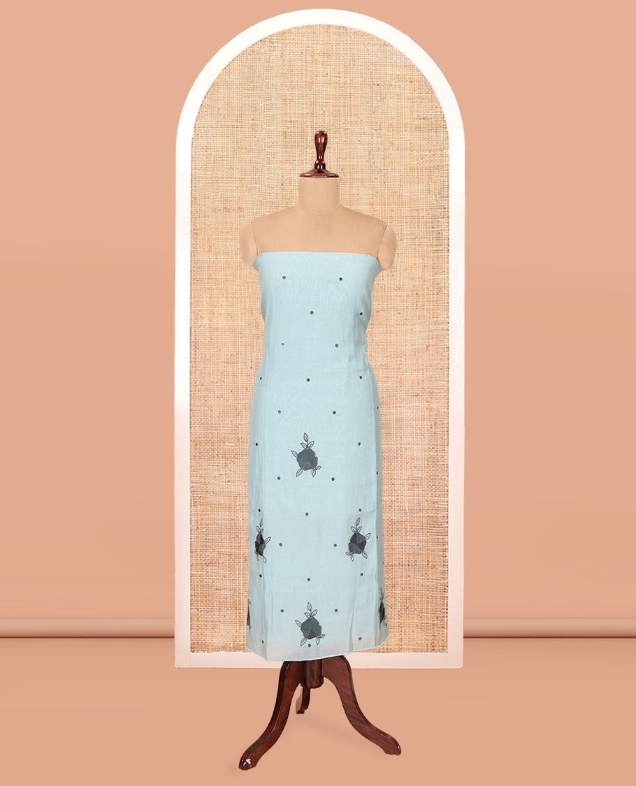 Dusky Blue Mul Chanderi Material Chudiddar, Floral Embroidered Top, Plain Bottom, Scallop Embroidered Dupatta