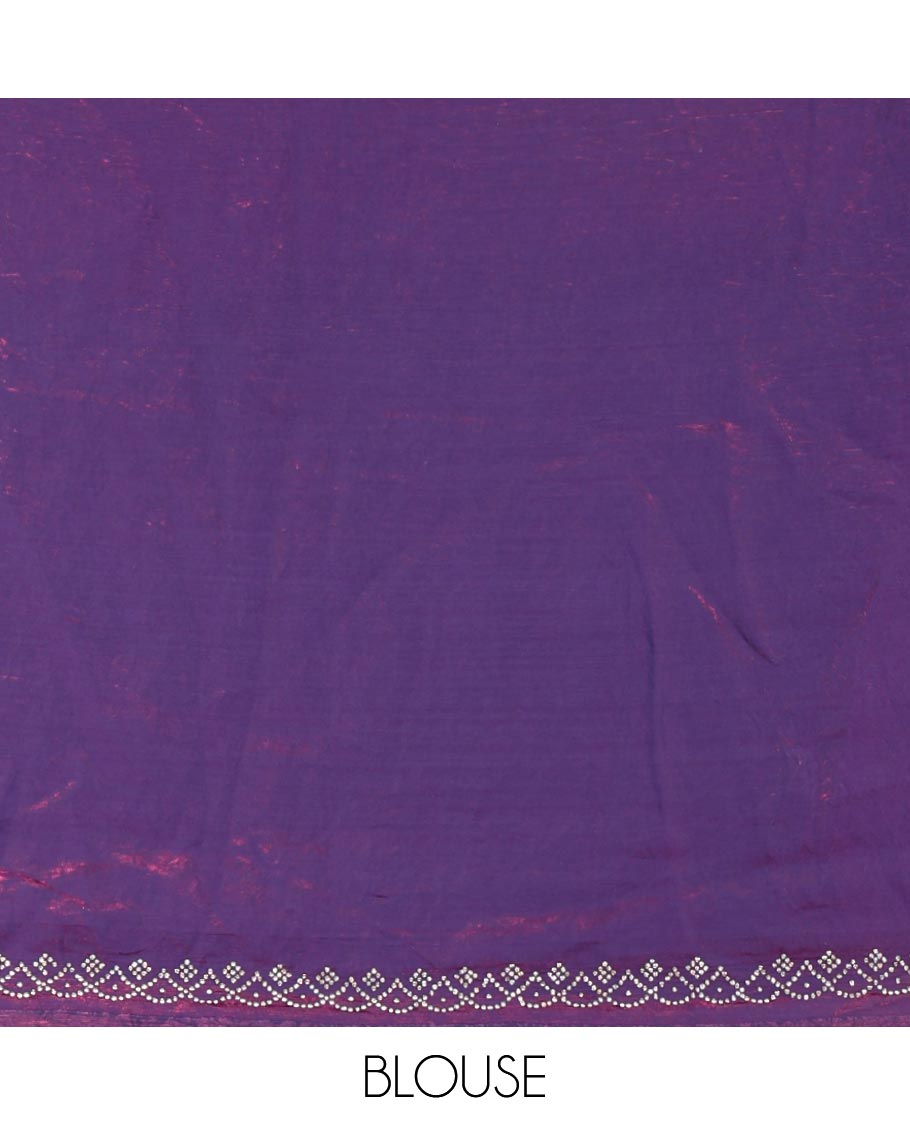 Peacock Green Fendy Chiffon Saree Featuring Elegant Stripes and Buttas Adorned with Sparkling Swarovski Stone Work, Enhanced with a Scalloped Swarovski Stone Work Border, and Paired with a Matching Blouse Embellished with Swarovski Stone Work