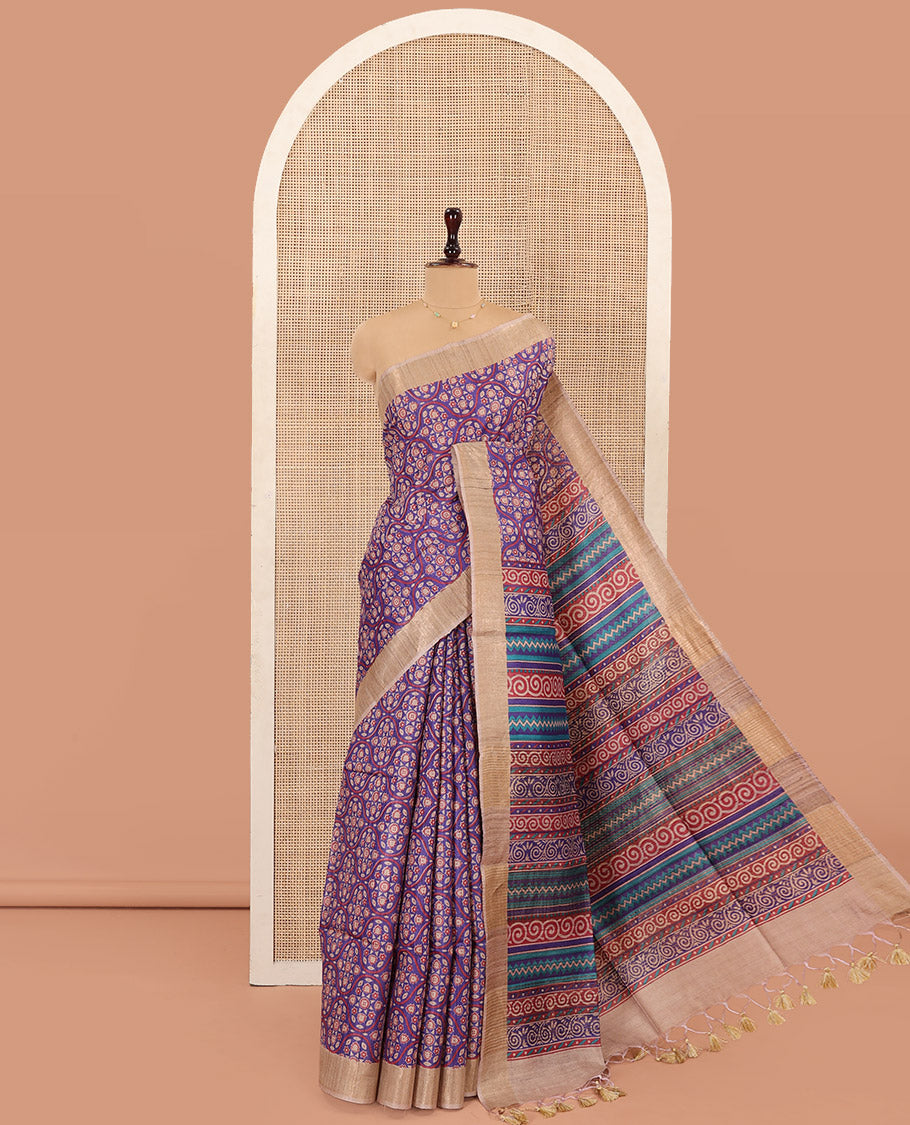Blue Tussar Silk Saree Decked Up with Ogee Patterns All Over Its Body, Featuring a Contrast Border, Pallu Featuring Geometric Motifs Print, and Paired with a Contrast Blouse