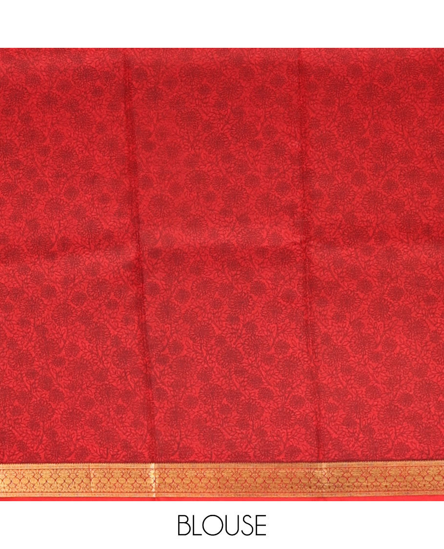 Red Printed Silk Saree, Gracefully Embellished with Geometric Prints, Highlighted by a Traditional Zari Border, Printed Pallu, and a Matching Blouse