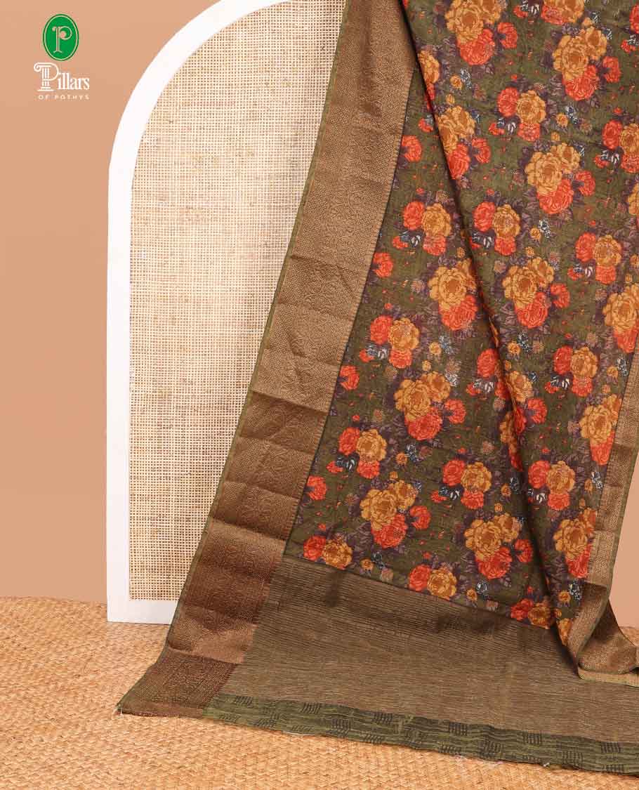 Mehandi green digital print linen saree with banaras style border & chit pallu along with brocade blouse