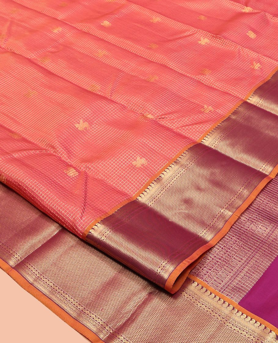 Peach Vasundhara Lite Silk Mix Saree, Featuring Kuthirai Buttas and Checks, Contrast Border of Manga, Muthu, Cross Kamalam, Neli, and Ara Maadam, Grand Pallu, and a Contrast Blouse