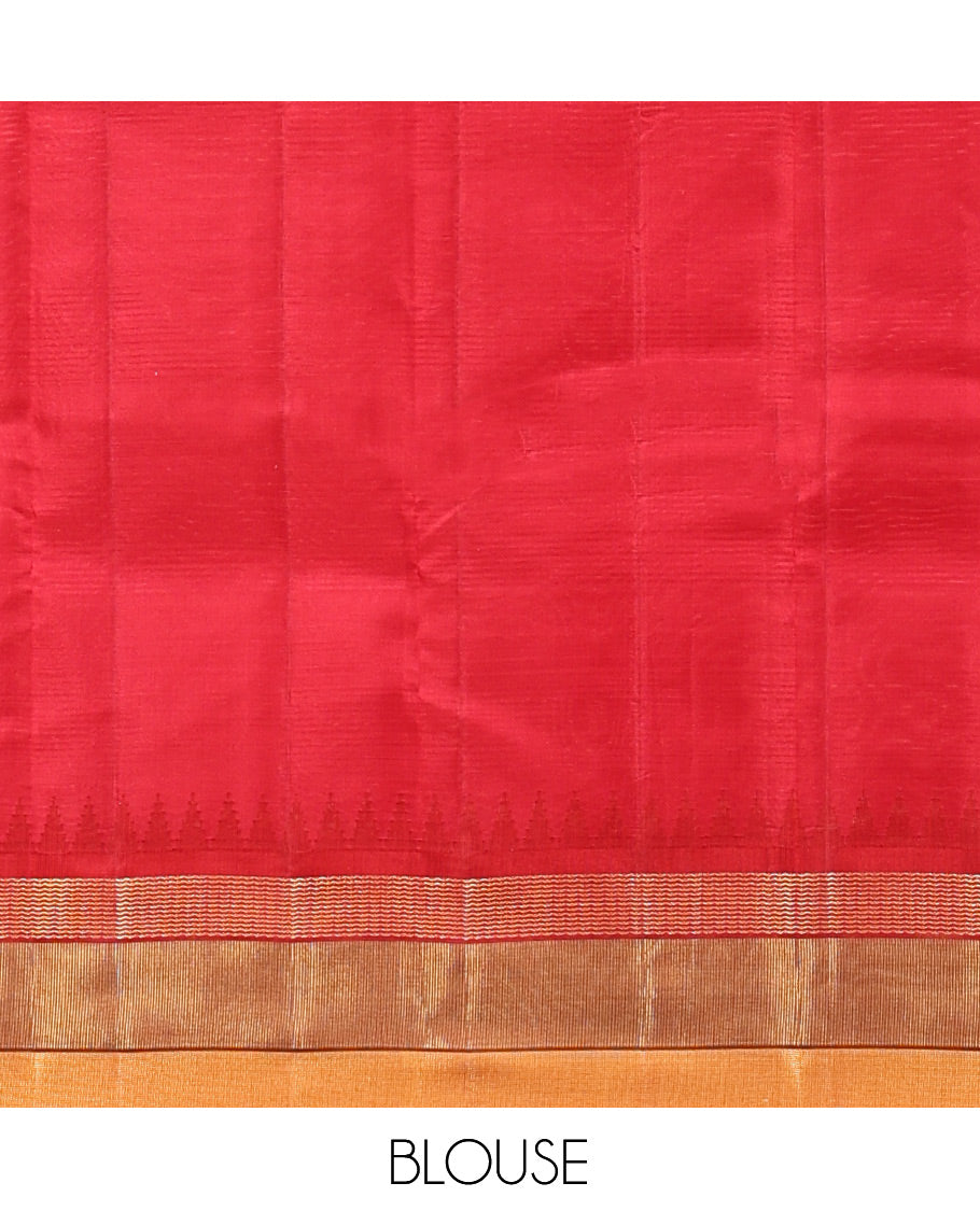 Yellow-Striped Bangalore Silk Saree, Complemented by a Contrast Temple Geometric Border, Pallu of Temple and Neli Designs, and a Contrast Blouse