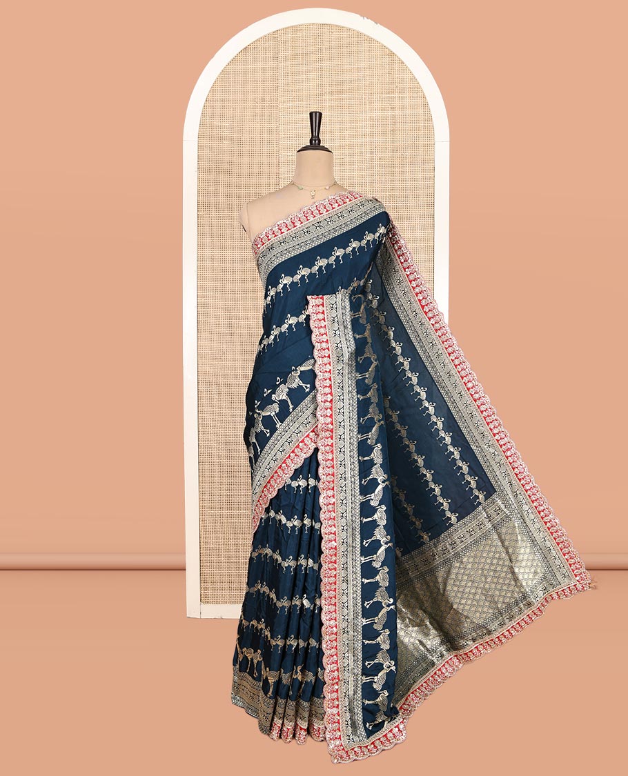 Peacock Blue Bird Buttas Russian Dola Silk Saree,Contrast Patchwork Border,Matching Blouse