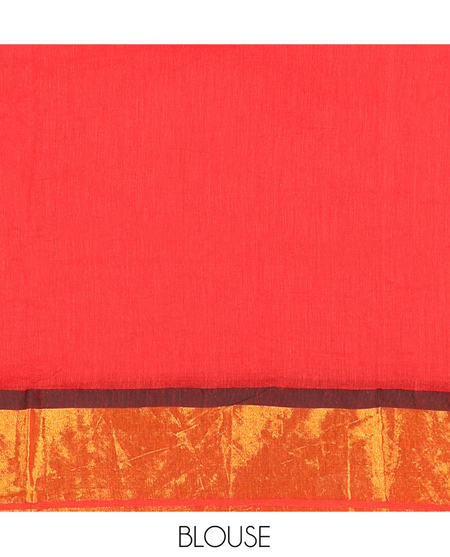 Red Plain Khadi Mul Cotton Saree, Highlighted with Zari Bavanji Border, Plain Pallu, and Paired with a Matching Blouse