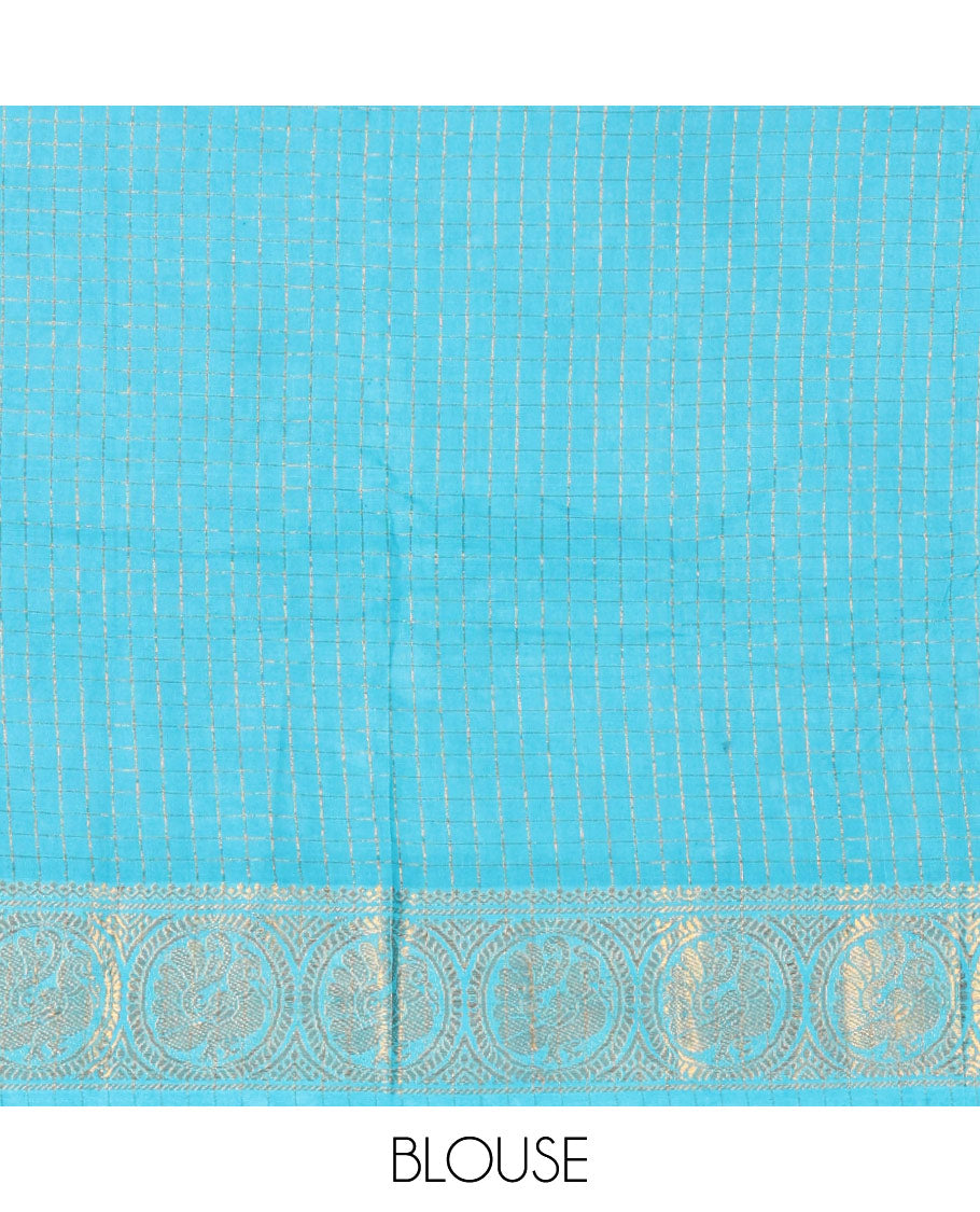 Violet plain sungudi cotton saree with contrast traditional border of peacocks, zari striped pallu, and a contrast zari checked blouse