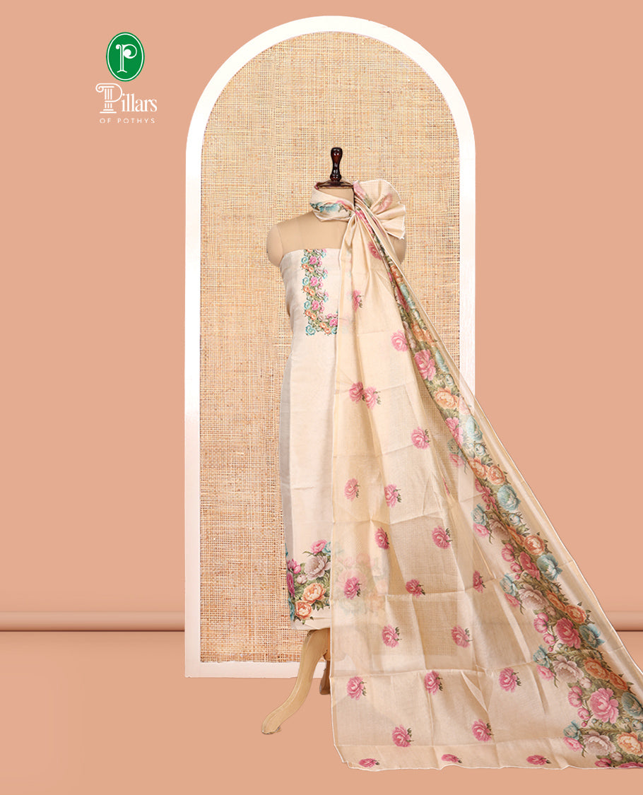 Gold-Chikku Tissue Material Churidar, Beautified with Rose Floral Printed Top, a Contrast Bottom, a Floral Printed Dupatta