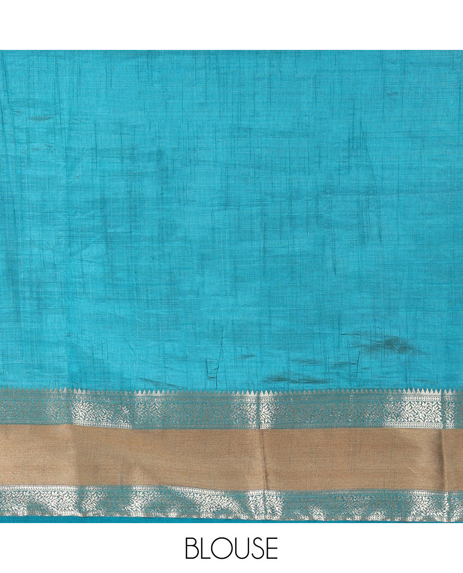 Cream and Rama Plain Art Tussar Saree, Complemented by a Contrast Rettai Pettu Traditional Zari Border, Zari Striped Pallu, and Paired with a Contrast Blouse