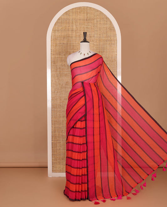 Borderless hot pink and fanta orange striped khadi mul cotton saree with matching pink-orange striped blouse