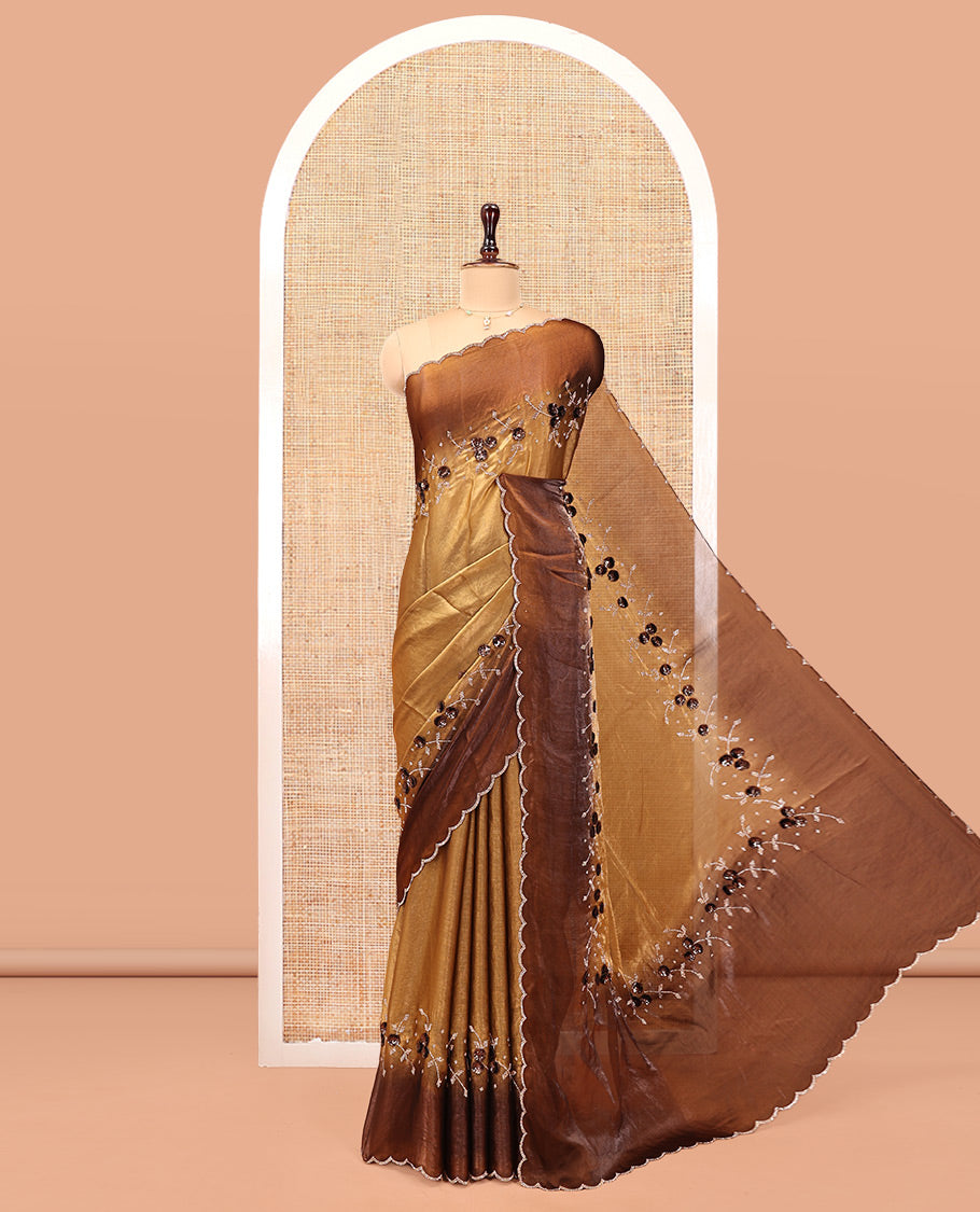 Antique Gold Designer Saree, Beautiful Bedecked with Floral Motifs Embroidered On Its Body, Complemented by Contrast Scallop Stone Work Border, and Paired with a Contrast Embroidered Blouse