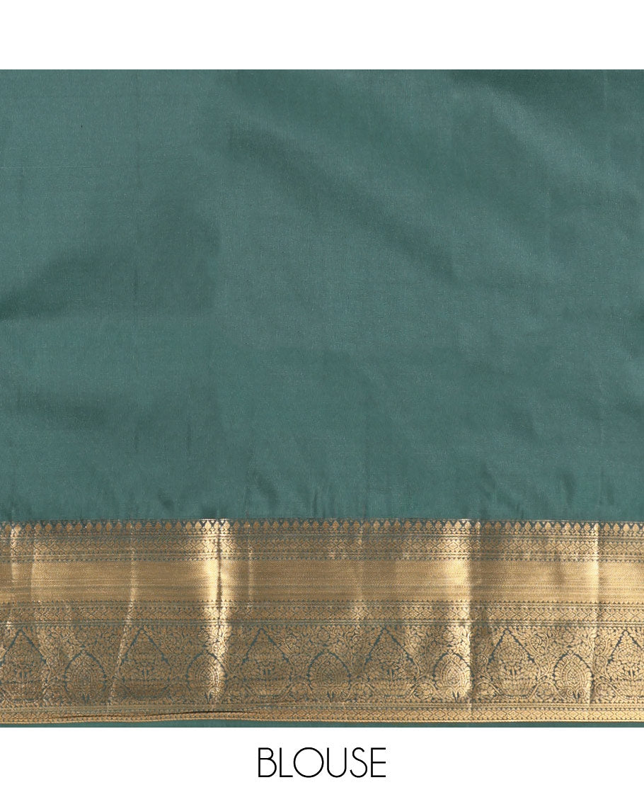 Green Budget Silk Saree, Steeped in Richness of Zari Buttas, Highlighted by a Traditional Border, Grand Pallu, and a Matching Blouse