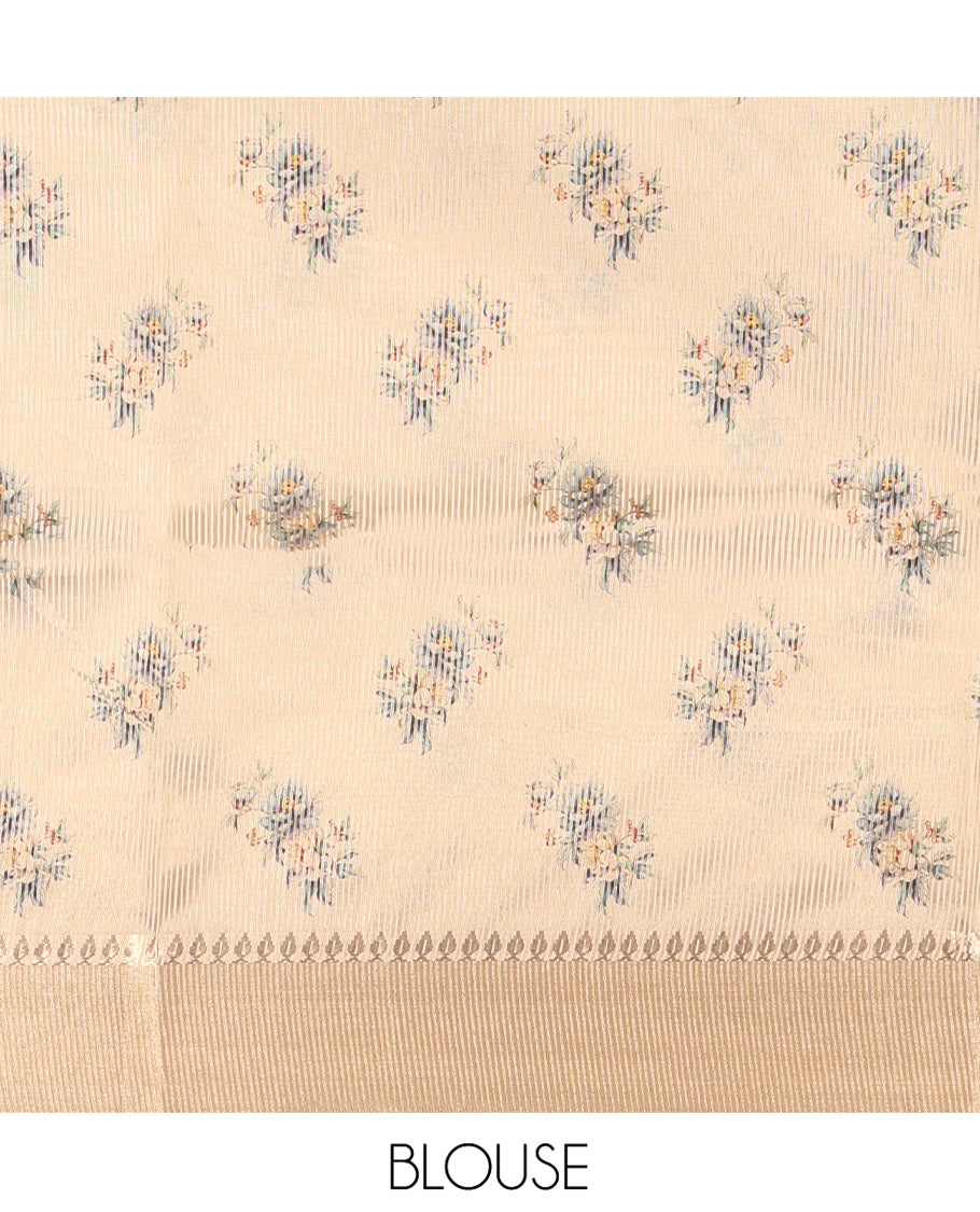 Gold Tissue Saree, Decked Up with Tropical Motifs Printed on Its Body, Subtle Zari Border, Pallu Pictures Tropical Motifs Print, and Paired with a Matching Blouse
