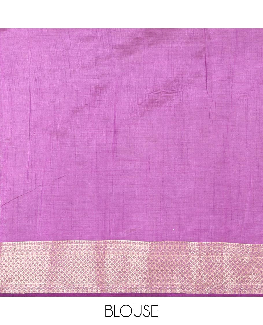 Lavender Semi-Tussar Saree Meticulously Crafted with Floral-Enclosed Diamond Patterns Printed Across the Body, Featuring a Subtly Woven Border with Traditional Zari Designs, and a Pallu Elevated with Zari Stripes, Paired with a Matching Blouse