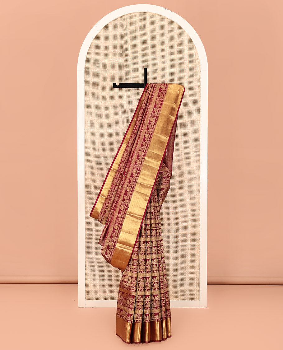 Maroon Kanchipuram Wedding Silk Saree, Artfully Woven with Warli Village Theme Motifs in Jacquard Weave, Highlighted by Thick Zari Border, Grand Jaal Pallu and Paired with a Matching Blouse