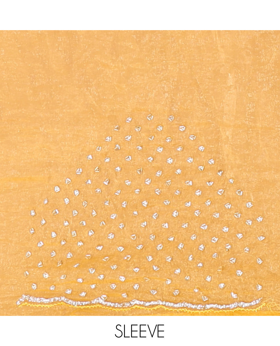 Mustard Organza Glass Tissue Designer Saree With Stonework, a Scallop Border, and a Matching Blouse
