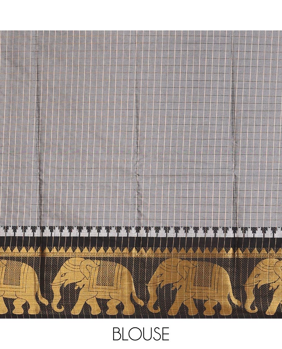 White zari checked design dola silk saree with contrast elephant design border & chit pallu along with checked design blouse