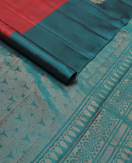 Red zari buttas silk mix saree, contrast zari design border & pallu of thilakam mokku, paisa,banaras & geometric patterns