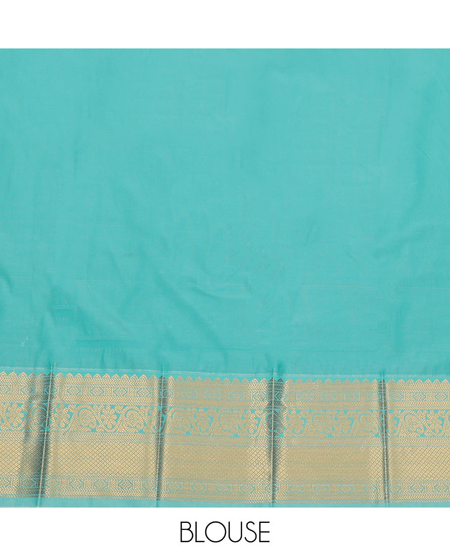 Red Budget Silk Saree, Steeped with Zari Buttas and Stripes All Over Its Body, Complemented by Contrast Traditional Zari Designs Woven Border, Grand Jaal Pallu, and Paired with a Contrast Blouse