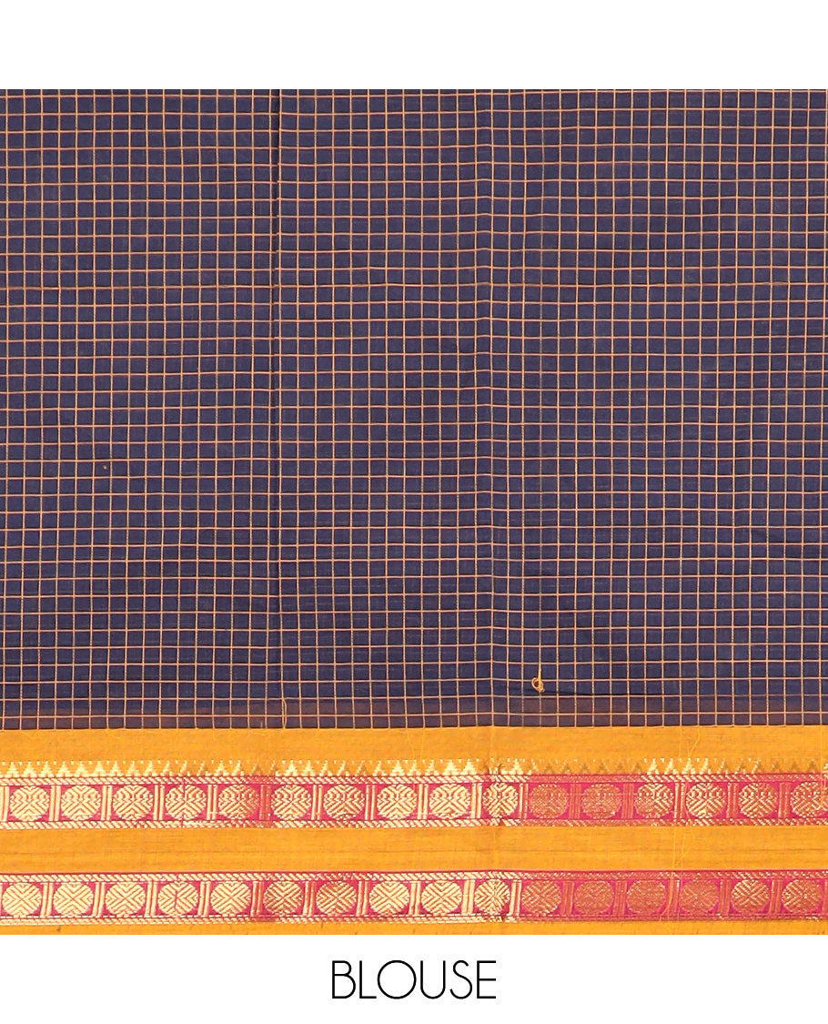 Blue checked nine yards cotton saree with traditional zari design border & checked pallu