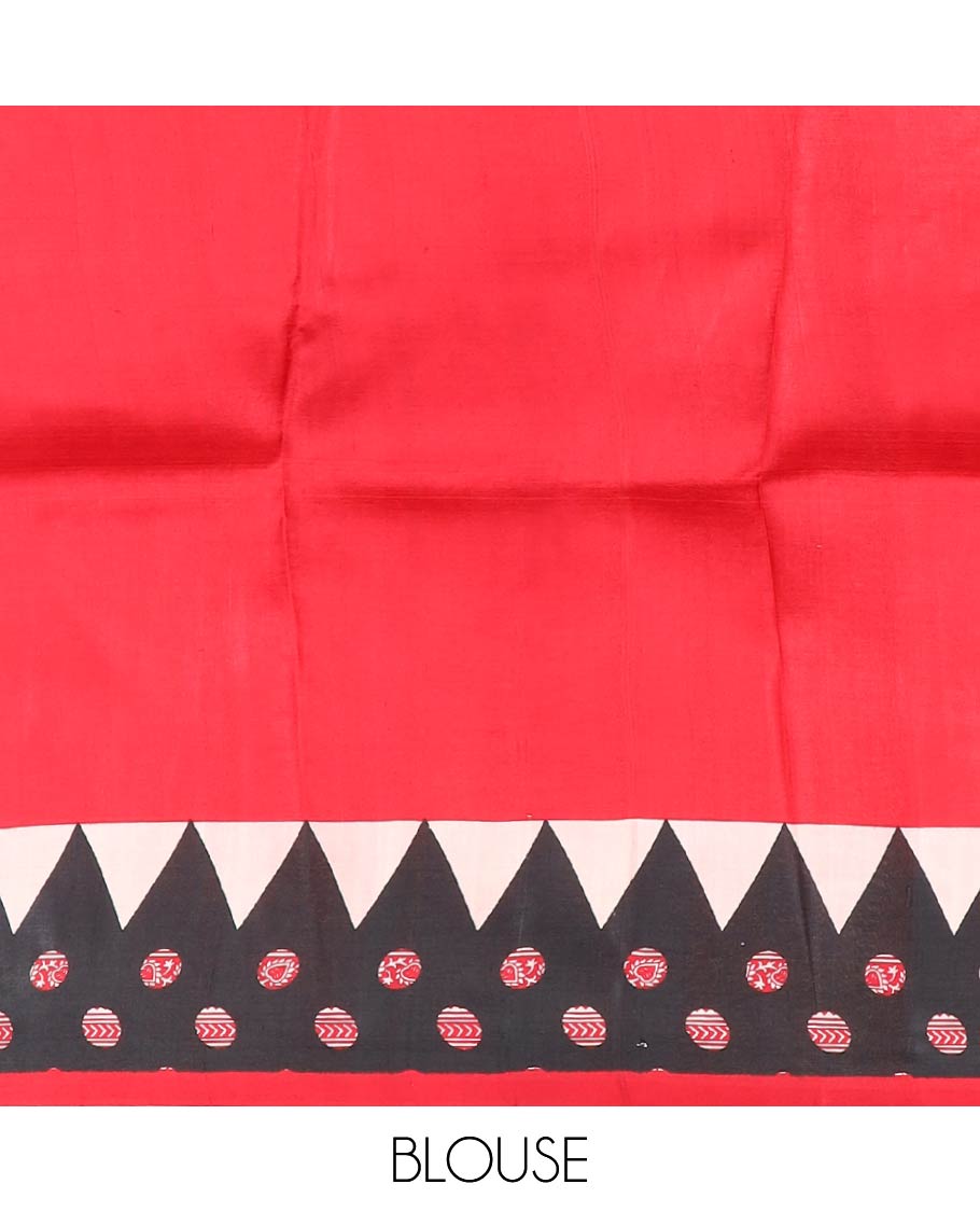 Red with white polka dot printed silk saree with contrast geometric design border & polka dot pallu
