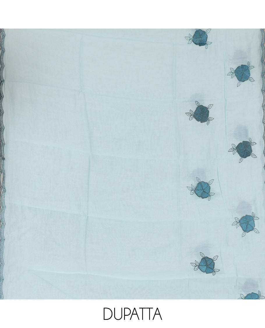 Dusky Blue Mul Chanderi Material Chudiddar, Floral Embroidered Top, Plain Bottom, Scallop Embroidered Dupatta