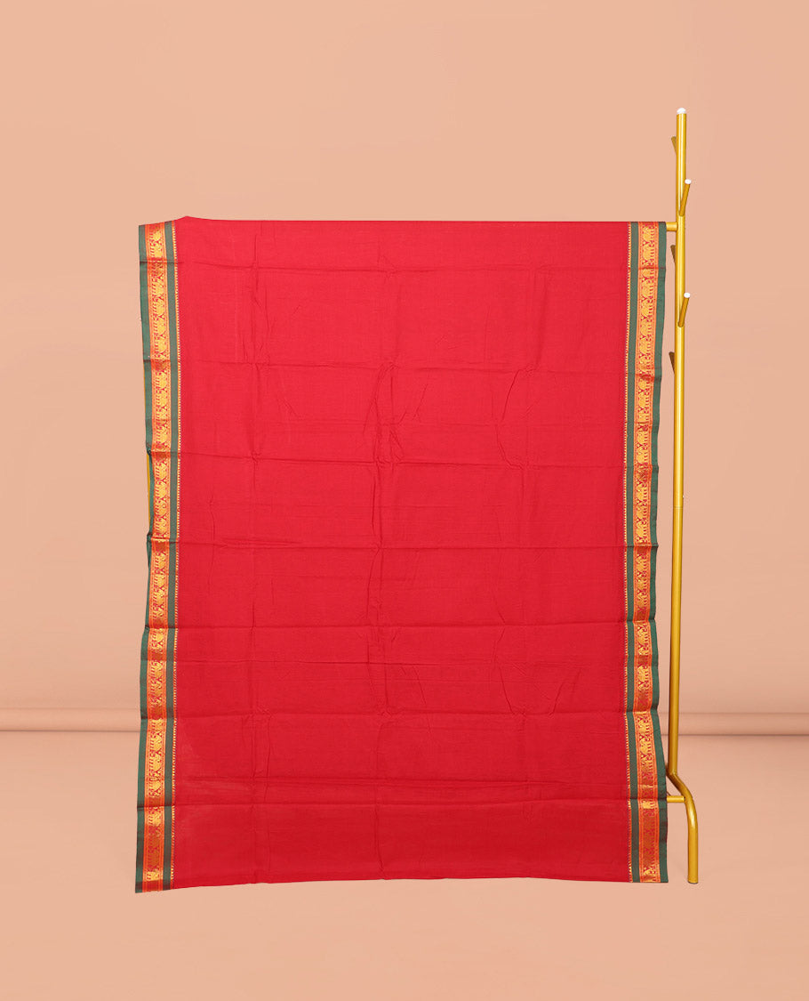Red Plain Narayanpet Cotton Saree, Complemented by a Contrast Traditional Design Border, Striped Pallu, and Comes Without a Blouse