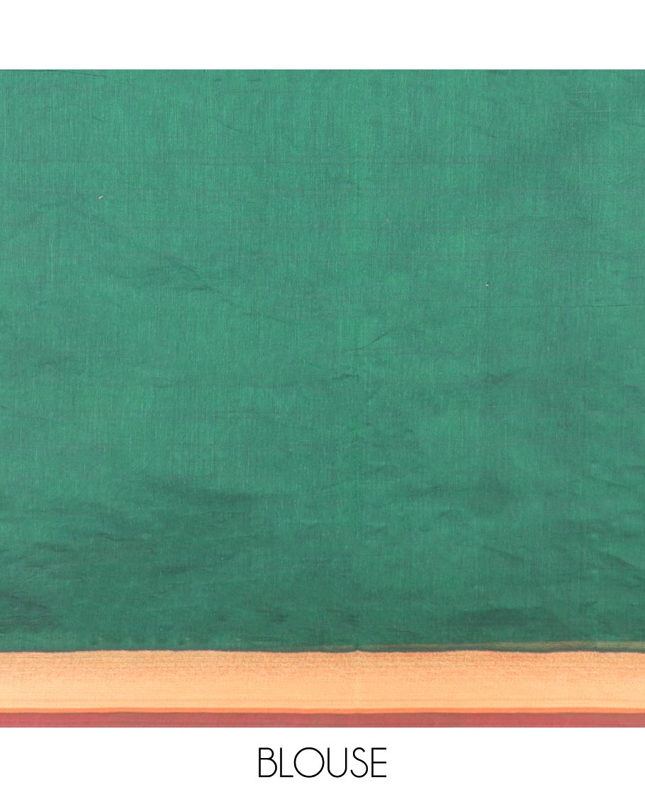 Green Coimbatore Cotton Saree Beautified with 3d Textures All Over Its Body, Complemented by Contrast Border, Pallu Depicts Intricate Designs, and Is Paired with a Matching Blouse