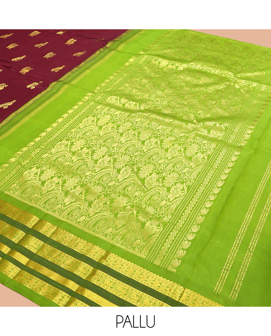 Maroon Kanchipuram Silk Saree, Graced with Zari Buttas, a Contrast Korvai One-Sided Border of Rekku, Rudraksham, Neli, and Mayil Design, Zari Design Pallu, and No Blouse