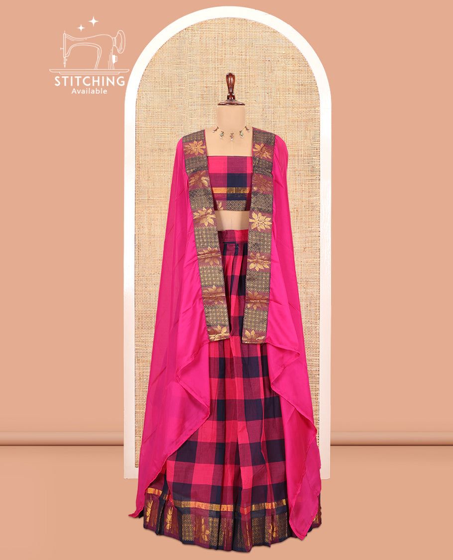 Rani Pink-Navy Blue Checked Chettinad Cotton Half-Saree