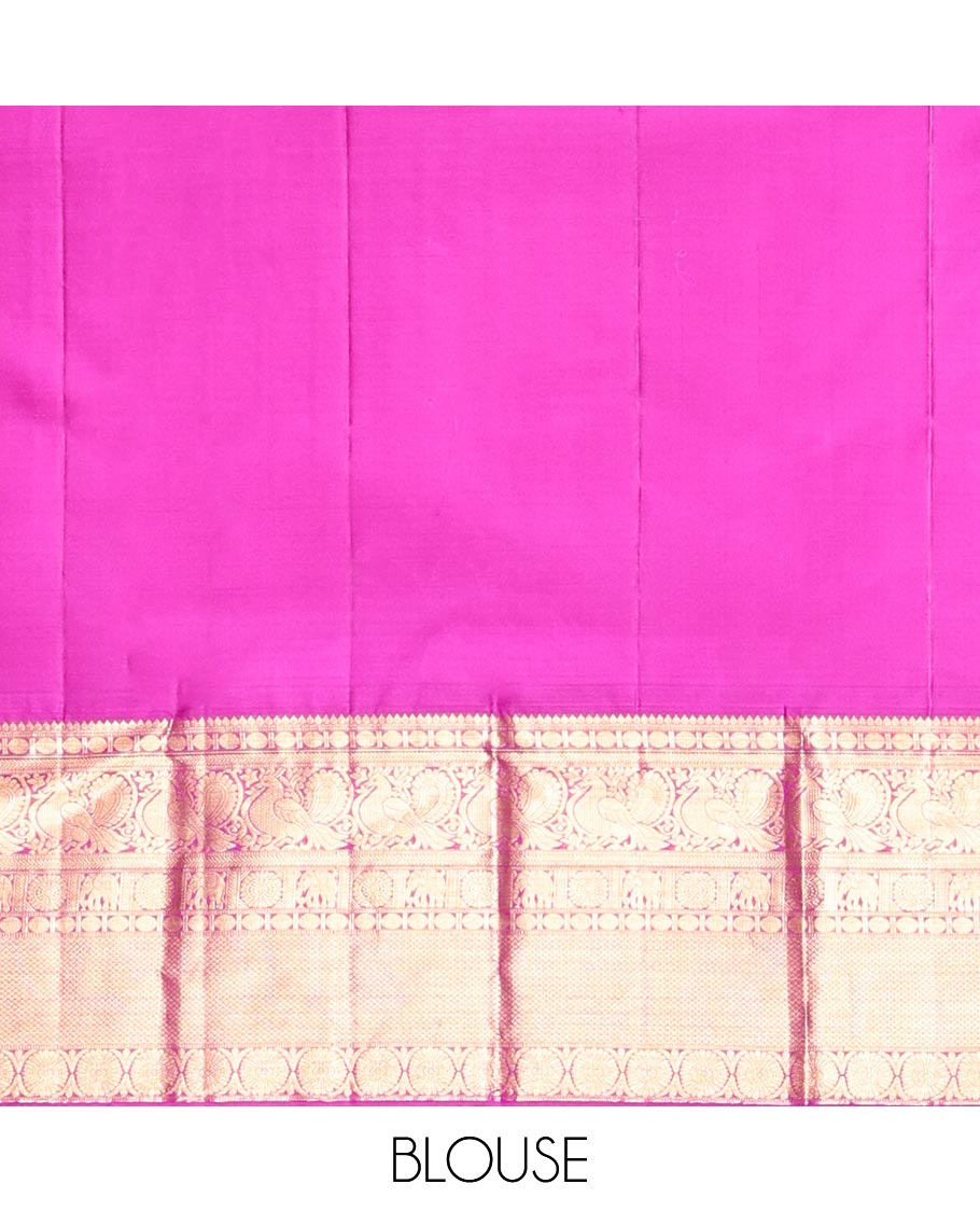 Blue Kanchipuram Wedding Silk Saree, Embellished with Jacquard Design, a Contrast Border of Thilakam, Rudraksham, Mayil, Yaanai, Chakram, and Mayil Kann, Grand Pallu, and a Contrast Blouse