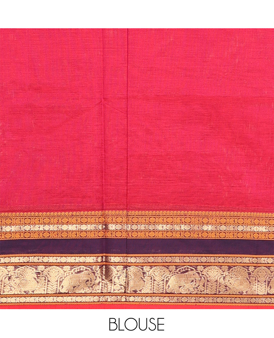 Rani Pink Buttas Enclosed Checked Kuppadam Silk Saree, a Contrast Elephant Border, Matching Blouse