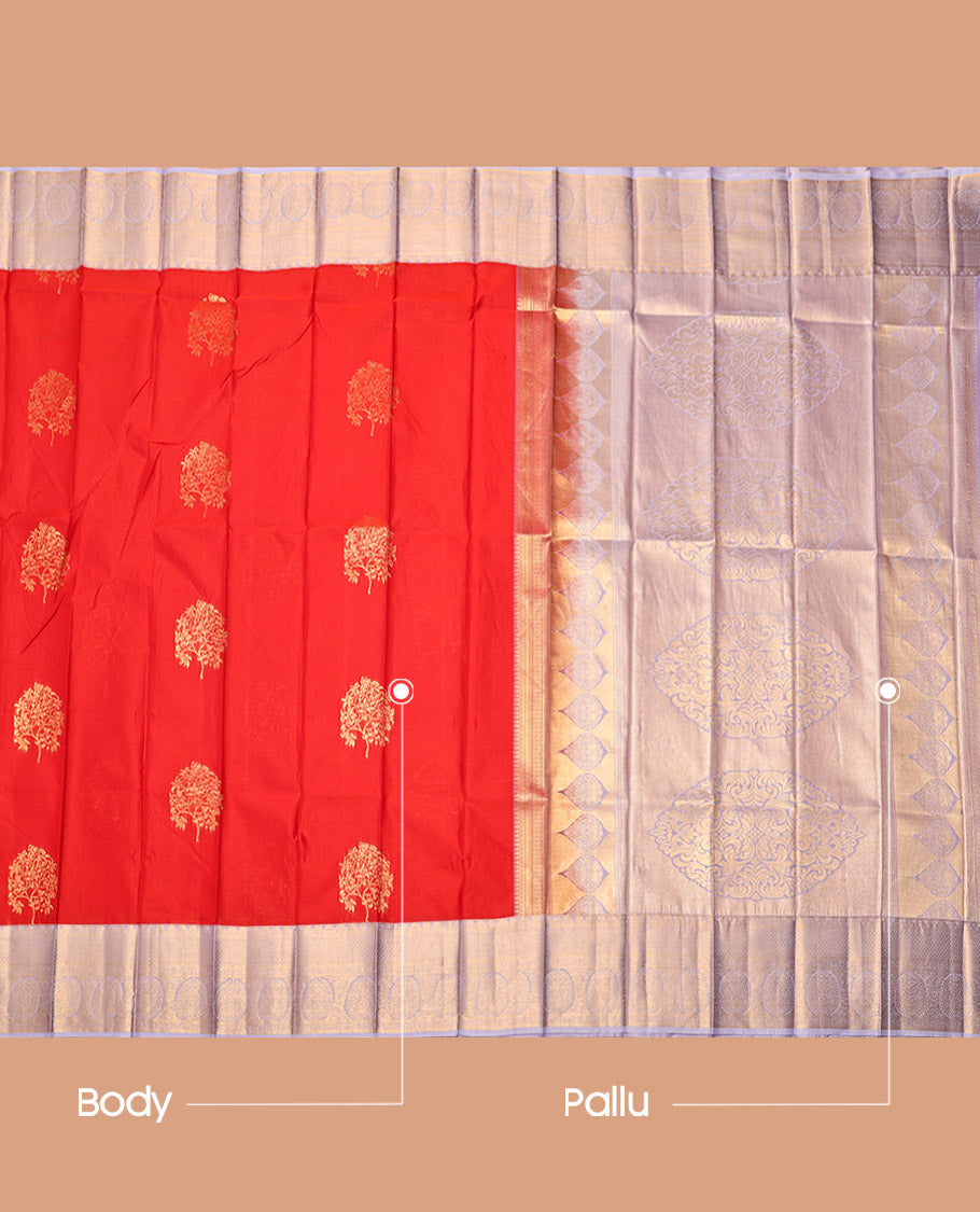 Orange Budget Silk Saree, Finely Crafted with Tree Buttas, Complemented by a Contrast Traditional Zari Border, Intricate Pallu, and a Contrast Blouse