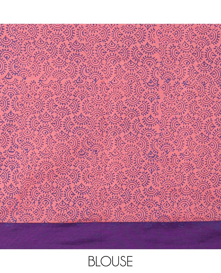 Dark violet plain South cotton saree, contrast border, and pallu of intricate print, and a block printed blosue