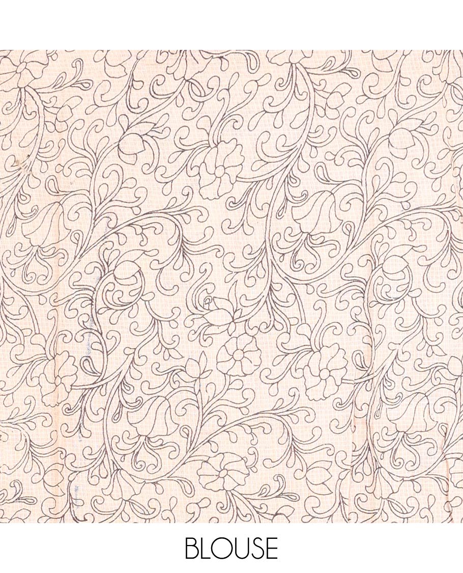 Blue Machine-Printed Kalamkari Cotton Saree Features Floral Vine and Peacock Motifs, a Piping Border, Pallu of Peacock, and a Matching Blouse