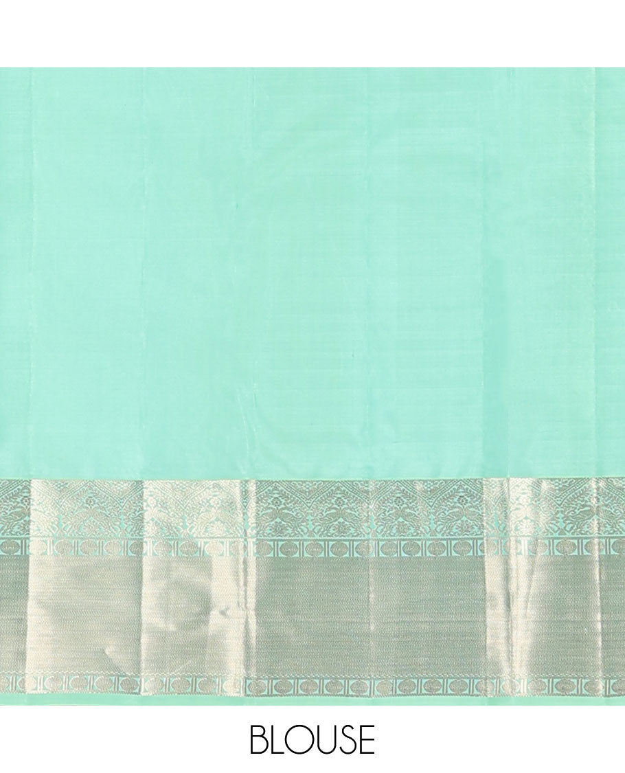 Sea green floral design kancheepuram silk saree with self border of banaras, muthu, paun design & floral pallu