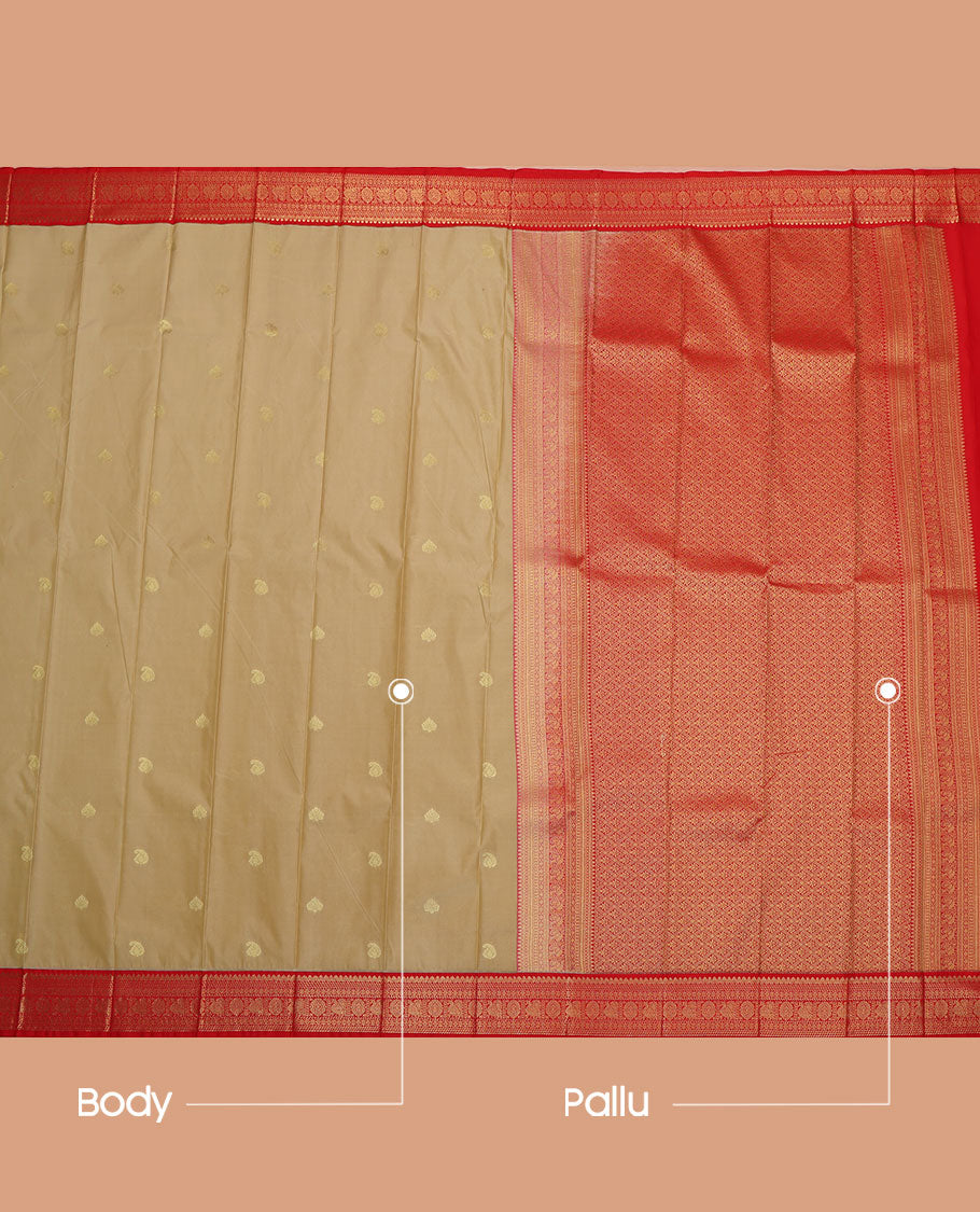 Sandal Budget Silk Saree, Woven with Buttas All Over Its Body, Complemented by a Contrast Traditional Zari Design Border of Peacock and Chakram, Pallu of Jaal Designs, and Paired with a Contrast Blouse