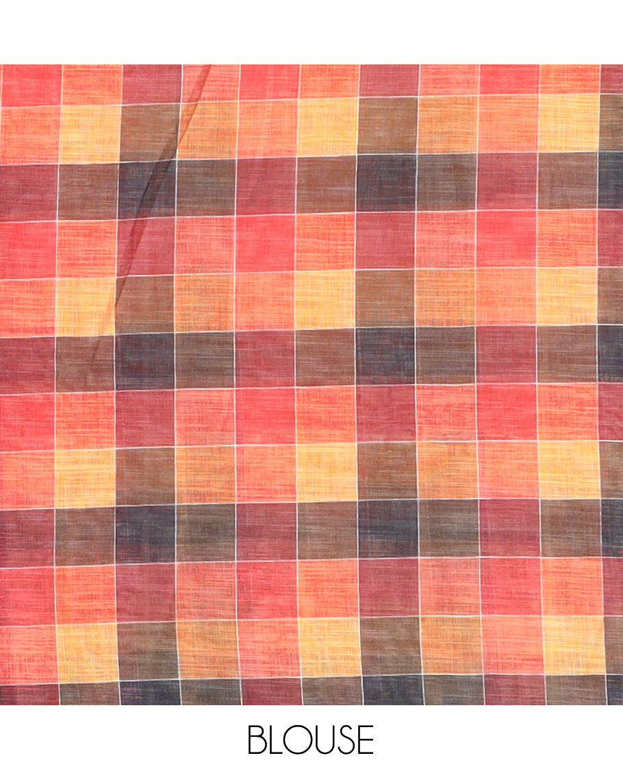 Multi-Color Big Checked Design Linen Cotton Saree, a Zari Piping Border Striped Pallu, and a Matching Blouse