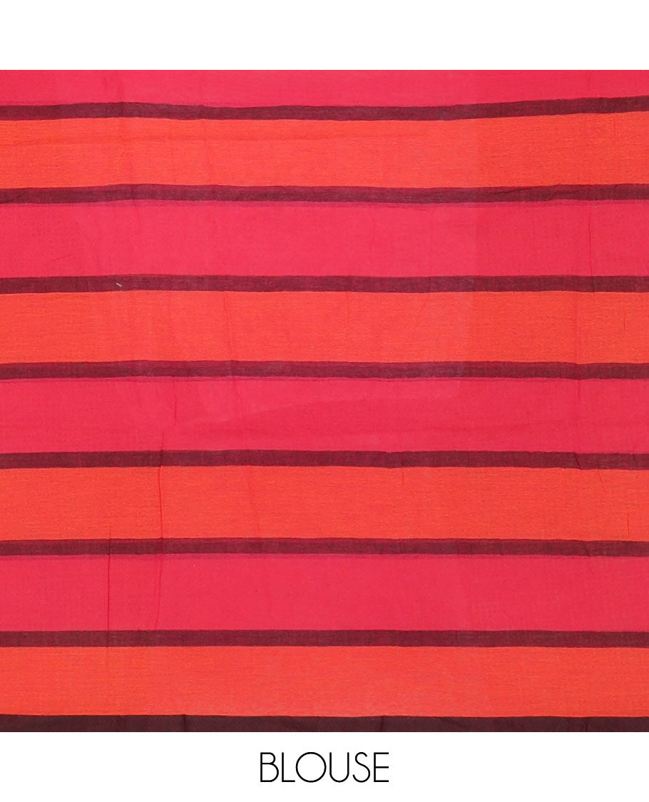 Borderless hot pink and fanta orange striped khadi mul cotton saree with matching pink-orange striped blouse