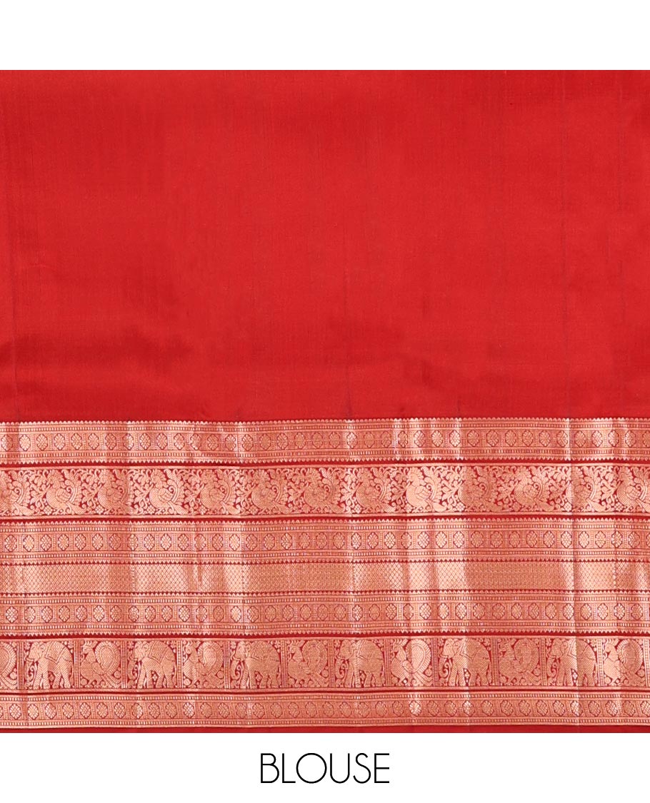 Red Kanchipuram Wedding Silk Saree, Spotlighted with Jacquard on Its Body, Highlighted by a Zari Border of Rekku, Muthu, Laddu Kamalam, Mayil, Mayil Kann, Ad Yaanai Designs, Meticulously Crafted Pallu, and Paired with a Matching Blouse