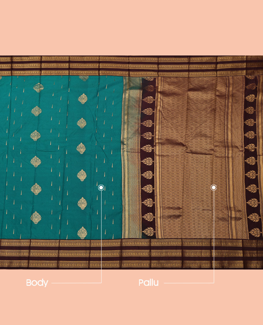 Green Budget Silk Saree, Gleamed Up with Zari Buttas All Over Its Body, Complemented by a Contrast Traditional Zari Design Varisai Pettu Border, Grand Jaal Pallu, and Paired with a Contrast Blouse