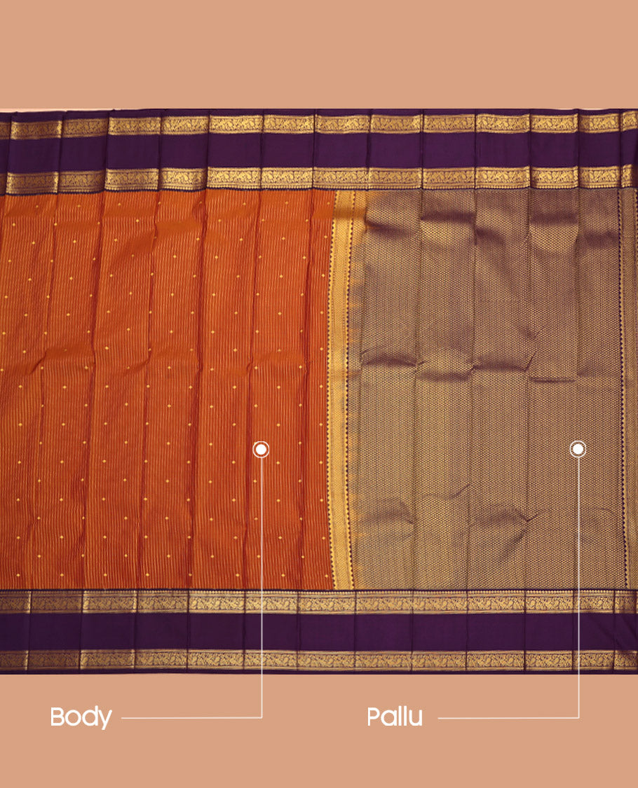 Orange Budget Silk Saree, Adorned with Butta and Stripes All Over Its Body, Complemented by a Contrast Traditional Zari Design Rettai Pettu Border, Intricate Pallu, and Paired with a Contrast Blouse