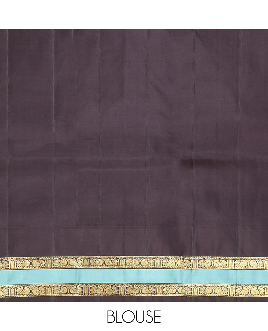 Pink Vasundhara Silk Saree, Adorned with Zari Buttas All Over Its Body, Complemented by Contrast Temple Rettai Pettu Border of Manga and Poun Designs, Grand Pallu and Paired with a Contrast Blouse