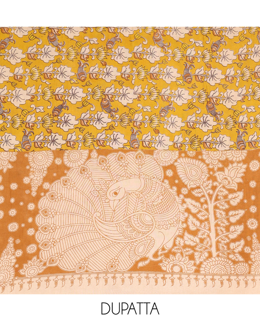 Chikku-Mustard Cotton Material Chudidar, Kalamkari Print Skirt, Contrast Bottom, Kalamkari Print Dhavani