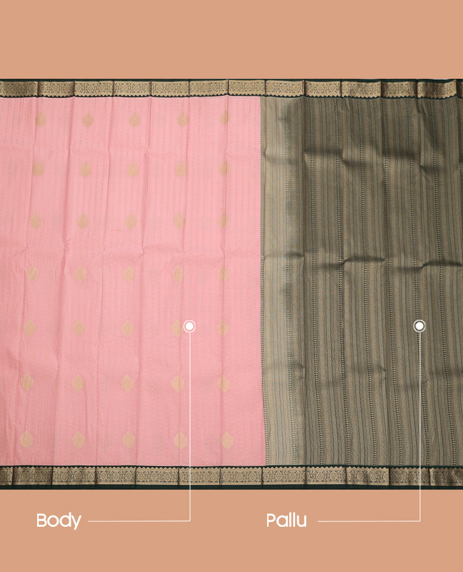 Pink Budget Silk Saree, Sparsely Woven with Zari Buttas, Complemented by a Contrast Traditional Zari Border, Grand Pallu, and a Contrast Blouse