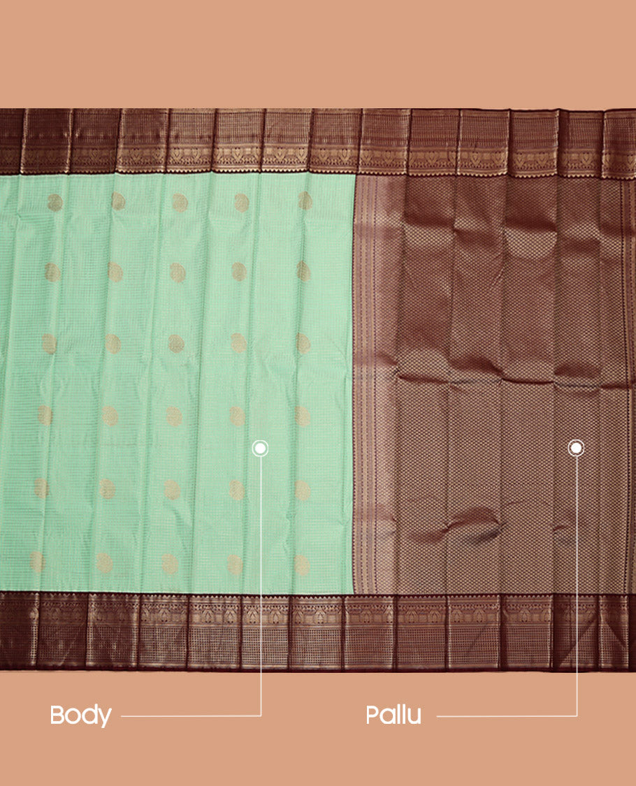 Turquoise Budget Silk Saree, Subtly Enriched with Zari Buttas and Checks, Complemented by Contrast Traditional Zari Border, Jaal Pallu, and a Contrast Blouse